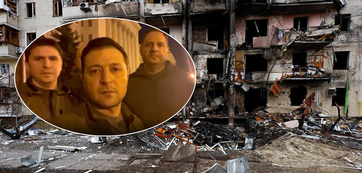 Volodymyr Zelensky com cena de Kiev ao fundo