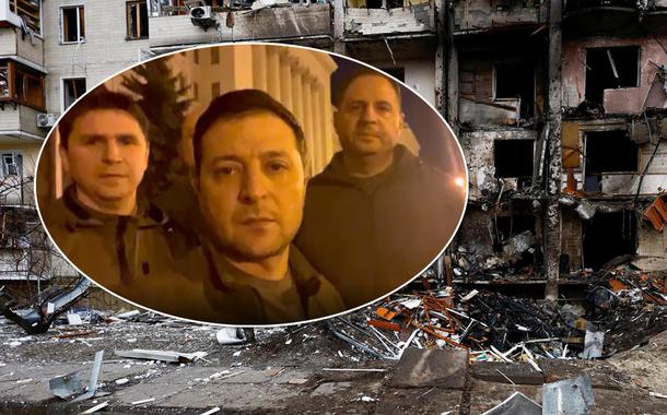 Volodymyr Zelensky com cena de Kiev ao fundo