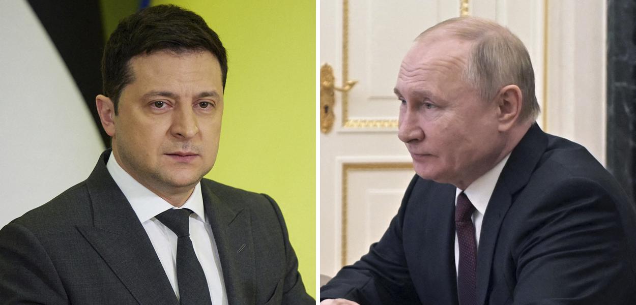 Presidentes Volodymyr Zelensky (Ucrânia, à esq.) e Vladimir Putin (Rússia)