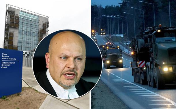 Procurador do Tribunal de Haia, Karim Khan mais a sede do órgão e tropas na Ucrânia ao fundo