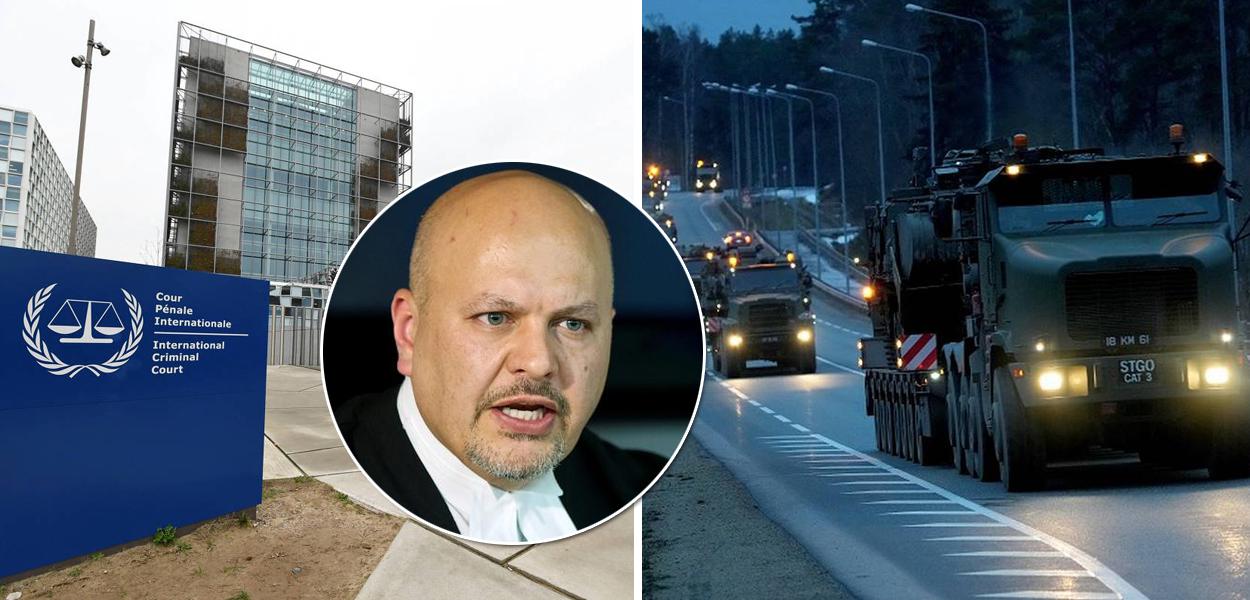 Procurador do Tribunal de Haia, Karim Khan mais a sede do órgão e tropas na Ucrânia ao fundo