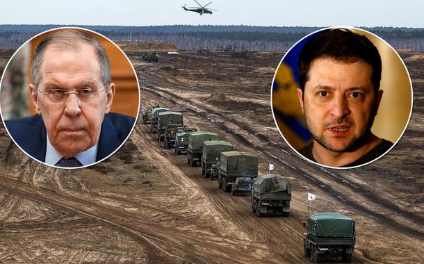 Ministro das Relações Exteriores da Rússia, Sergey Lavrov, e o presidente da Ucrânia, Volodymyr Zelensky