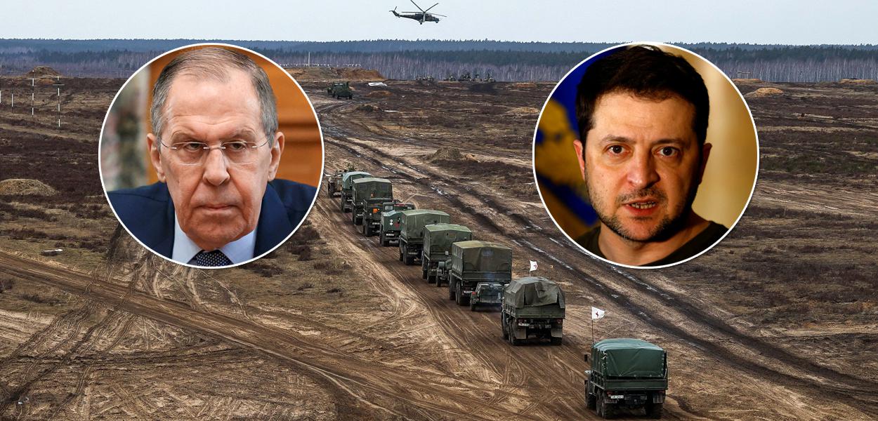 Ministro das Relações Exteriores da Rússia, Sergey Lavrov, e o presidente da Ucrânia, Volodymyr Zelensky