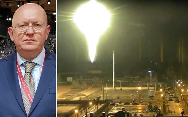 Embaixador da Rússia na ONU, Vasily Nebenzya, e usina de Zaporiszhzhia
