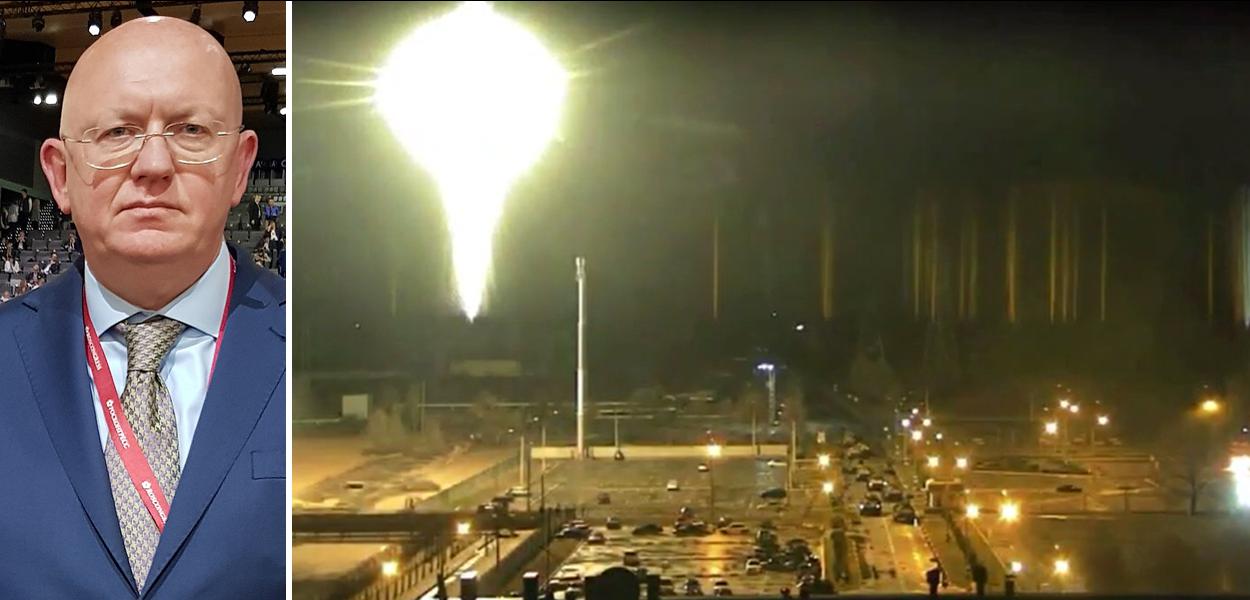 Embaixador da Rússia na ONU, Vasily Nebenzya, e usina de Zaporiszhzhia