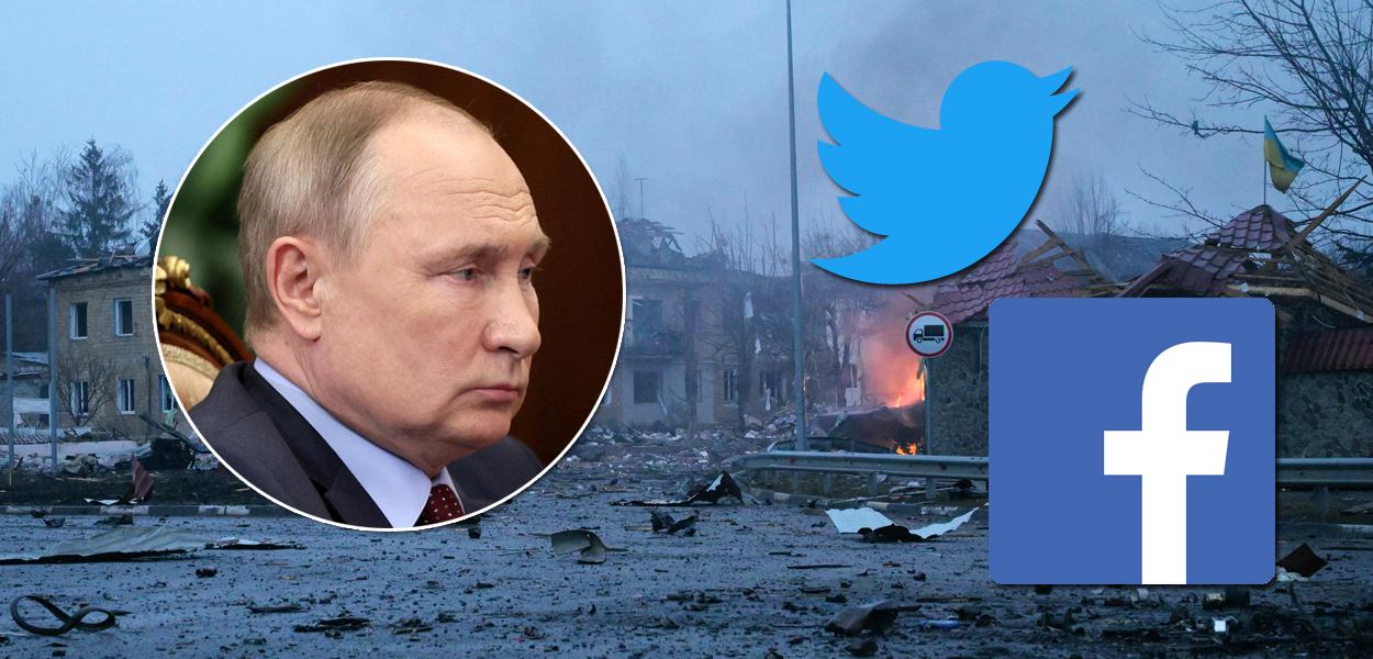 Presidente Vladimir Putin (Rússia), tropas na Ucrânia, e as logos das redes sociais Twitter e Facebook