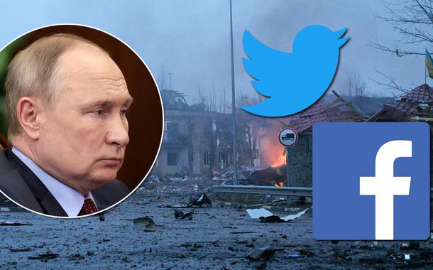 Presidente Vladimir Putin (Rússia), tropas na Ucrânia, e as logos das redes sociais Twitter e Facebook