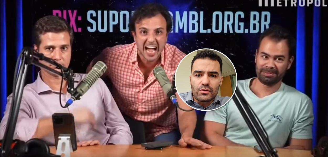 Renan Santos (camisa rosa) e o deputado Arthur do Val (circulo)