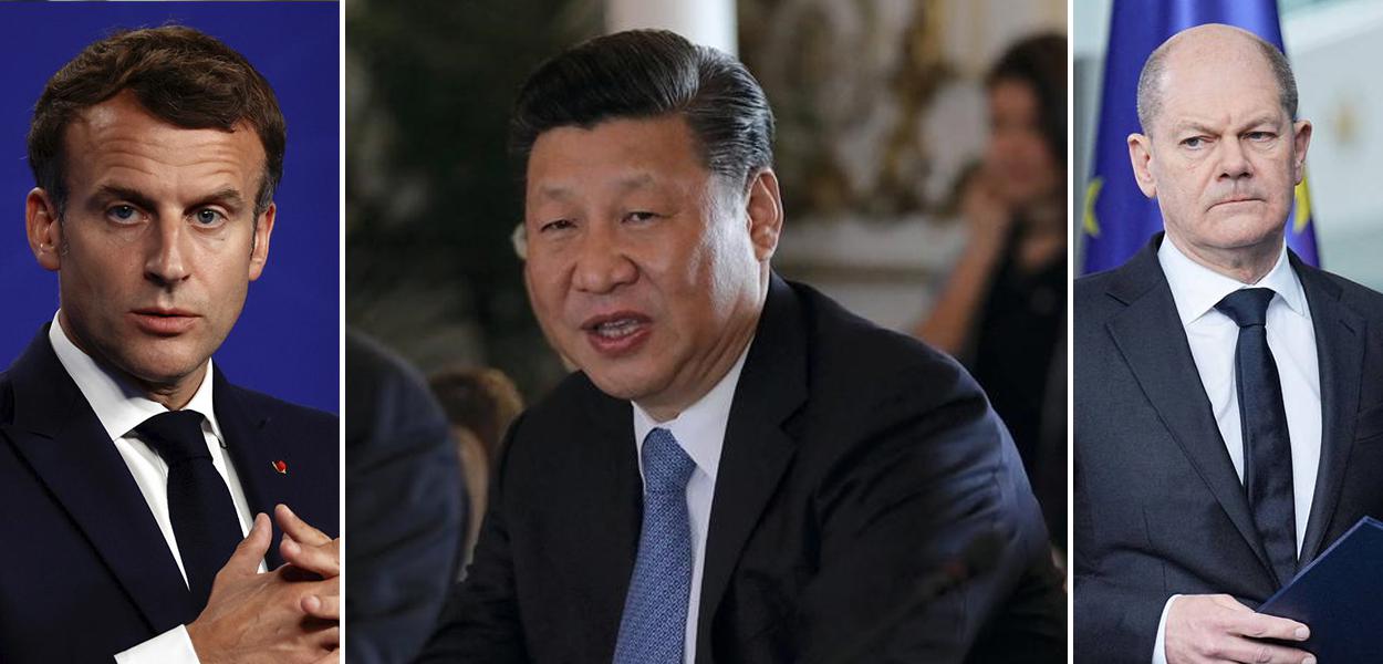 Emmanuel Macron, Xi Jinping e Olaf Scholz