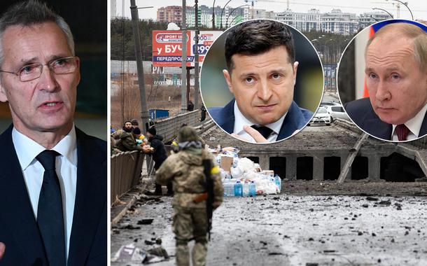 Secretário-geral da Otan, Jens Stoltenberg, e os presidentes Volodmir Zelensky (Ucrania) e Vladimir Putin (Rússia)