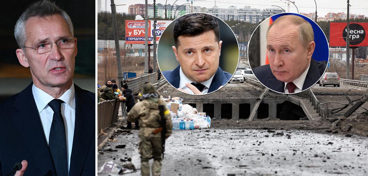 Secretário-geral da Otan, Jens Stoltenberg, e os presidentes Volodmir Zelensky (Ucrania) e Vladimir Putin (Rússia)