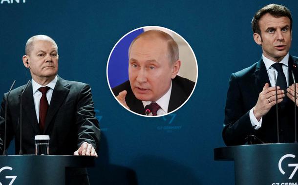 Emmanuel Macron, Putin e  Olaf Scholz