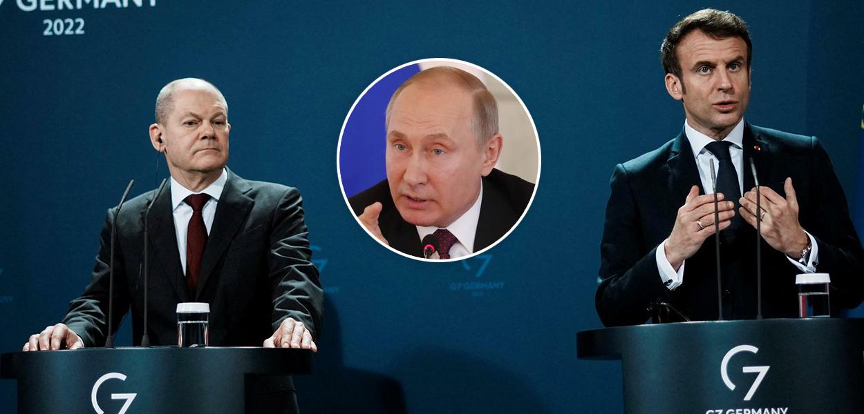 Emmanuel Macron, Putin e  Olaf Scholz