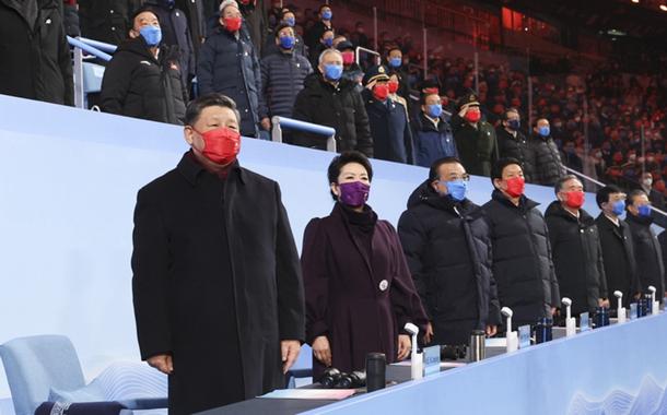 (220313) -- BEIJING, March 13, 2022 (Xinhua) -- Party and state leaders Xi Jinping, Li Keqiang, Li Zhanshu, Wang Yang, Wang Huning, Zhao Leji and Wang Qishan attend the closing ceremony of the Beijing 2022 Paralympic Winter Games at the National Stadium in Beijing, capital of China, March 13, 2022. (Xinhua/Pang Xinglei)