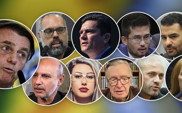 Bolsonaro, Allan dos Santos, Sergio Moro, Kim Kataguiri, Arthur do Val, Fabricio Queiroz, Sara Winter, Olavo de Carvalho, Daniel Silveira e Flordelis