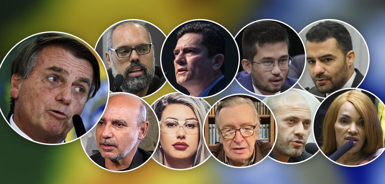 Bolsonaro, Allan dos Santos, Sergio Moro, Kim Kataguiri, Arthur do Val, Fabricio Queiroz, Sara Winter, Olavo de Carvalho, Daniel Silveira e Flordelis