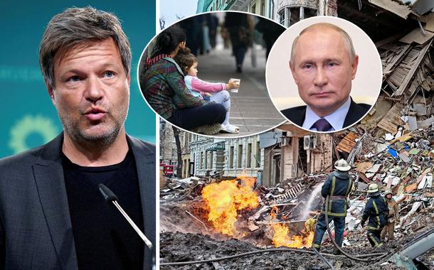 Ministro da Energia da Alemanha, Robert Habeck, presidente da Rússia, Vladimir Putin e cenas de guerra e pobreza na Europa