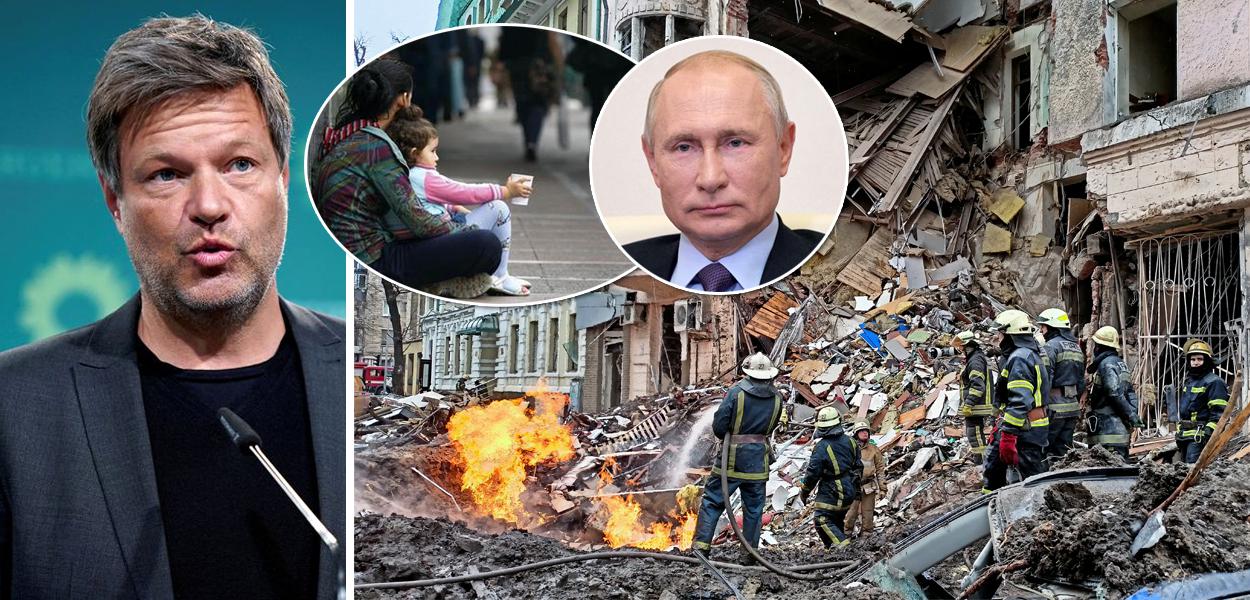 Ministro da Energia da Alemanha, Robert Habeck, presidente da Rússia, Vladimir Putin e cenas de guerra e pobreza na Europa