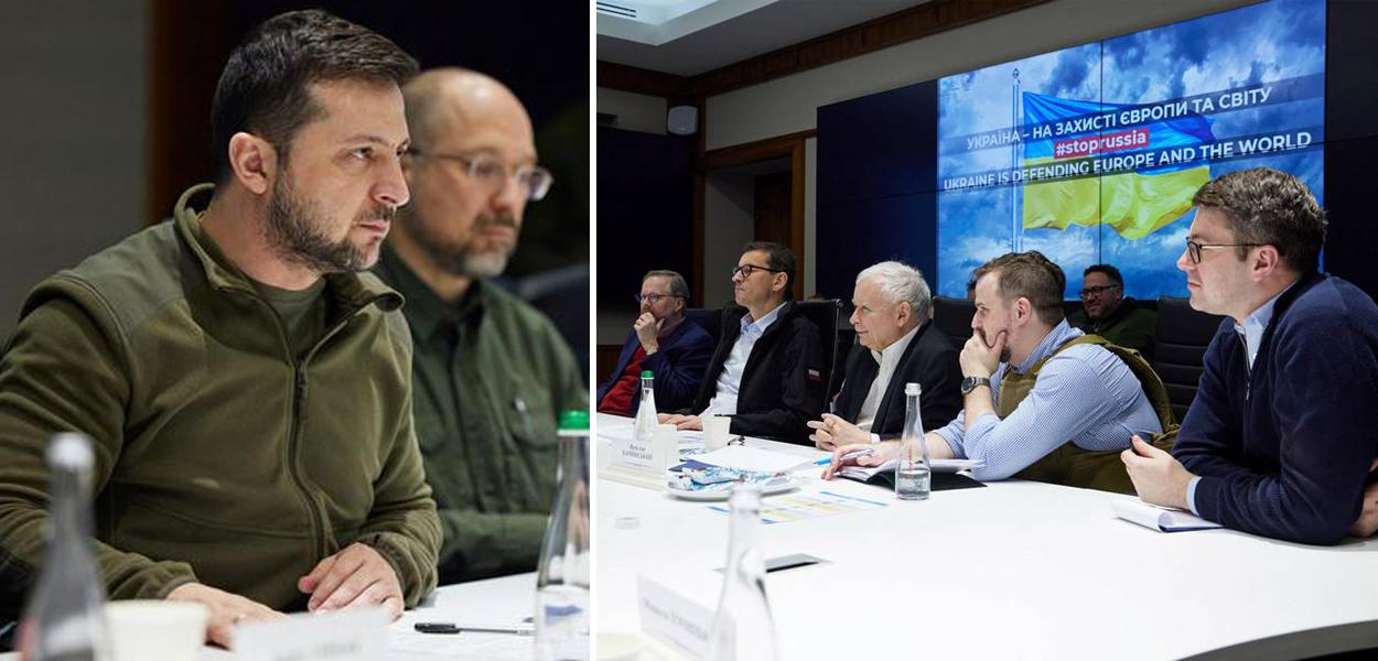 Presidente da Ucrânia, Volodymyr Zelensky, e, à dir., a reunião com líderes europeus