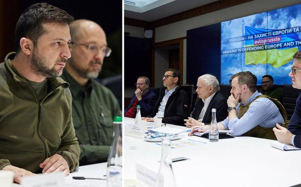 Presidente da Ucrânia, Volodymyr Zelensky, e, à dir., a reunião com líderes europeus