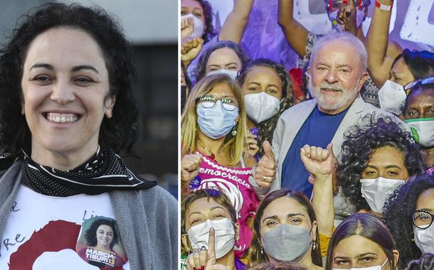 Marcia Tiburi e Lula com mulheres em evento ao Dia Internacional das Mulheres