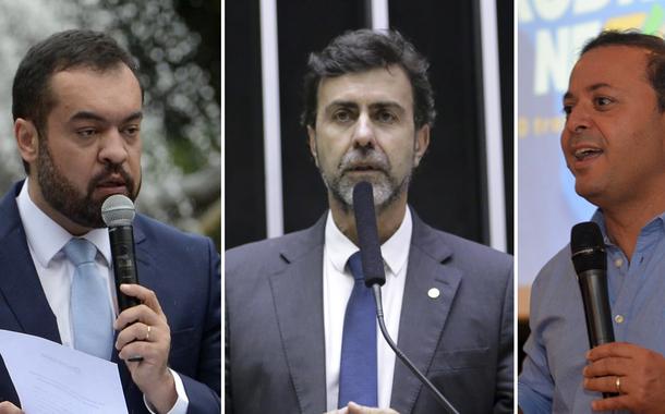 Cláudio Castro (PL, à esq.), Marcelo Freixo, do PSB (meio), e Rodrigo Neves (PDT)