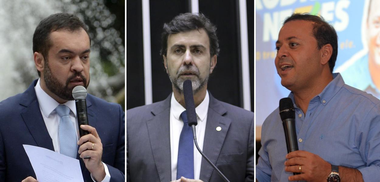 Cláudio Castro (PL, à esq.), Marcelo Freixo, do PSB (meio), e Rodrigo Neves (PDT)