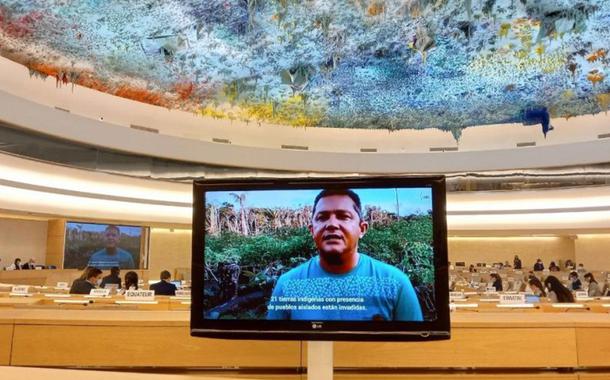 Pedro da Silva Souza, da Equipe de Apoio aos Povos Indígenas Livres (EAPIL) do Cimi, durante a 49ª sessão do Conselho de Direitos Humanos (CDH49)