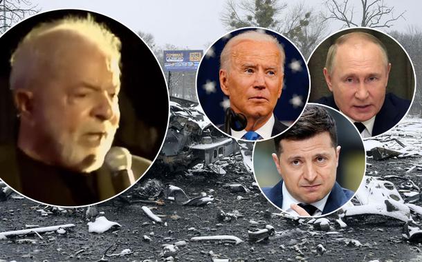 Ex-presidente Lula, e os presidentes Joe Biden (EUA), Vladimir Putin (Rússia) e Volodymyr Zelensky (Ucrânia)