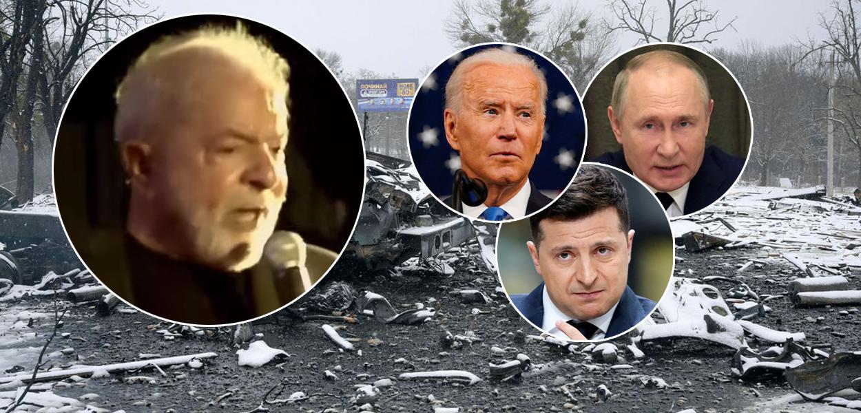 Ex-presidente Lula, e os presidentes Joe Biden (EUA), Vladimir Putin (Rússia) e Volodymyr Zelensky (Ucrânia)