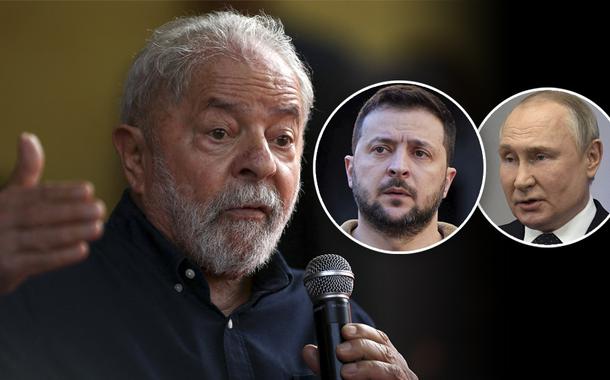 Da esq. para a dir.: os presidentes Luiz Inácio Lula da Silva (Brasil), Volodymyr Zelensky (Ucrânia) e Vladimir Putin (Rússia)