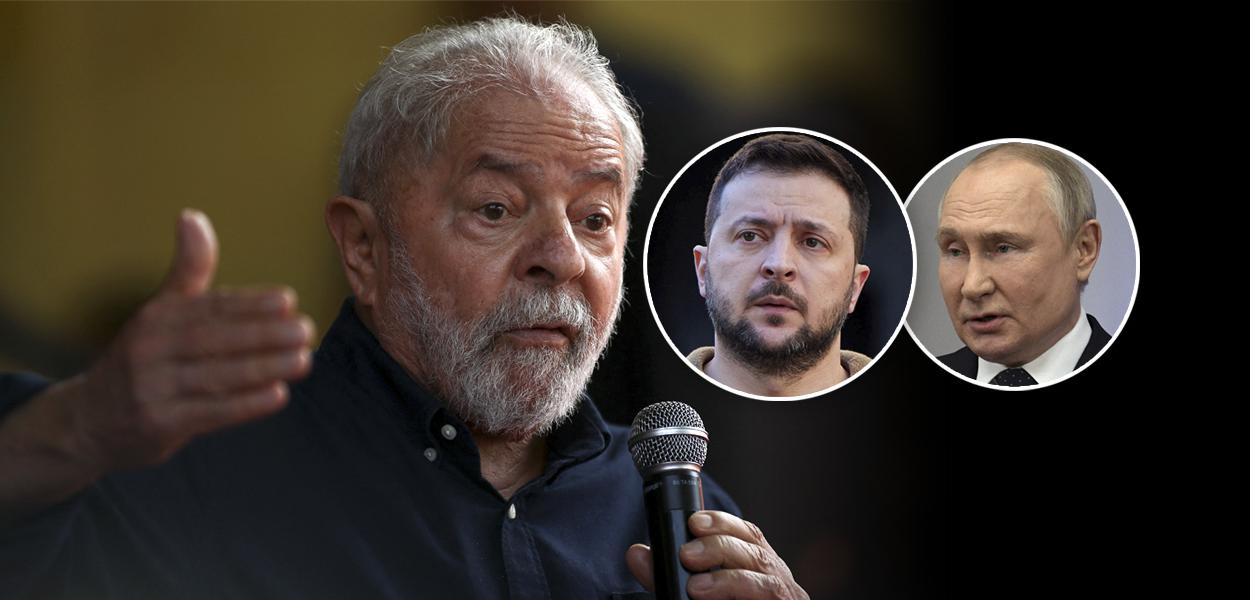 Da esq. para a dir.: os presidentes Luiz Inácio Lula da Silva (Brasil), Volodymyr Zelensky (Ucrânia) e Vladimir Putin (Rússia)