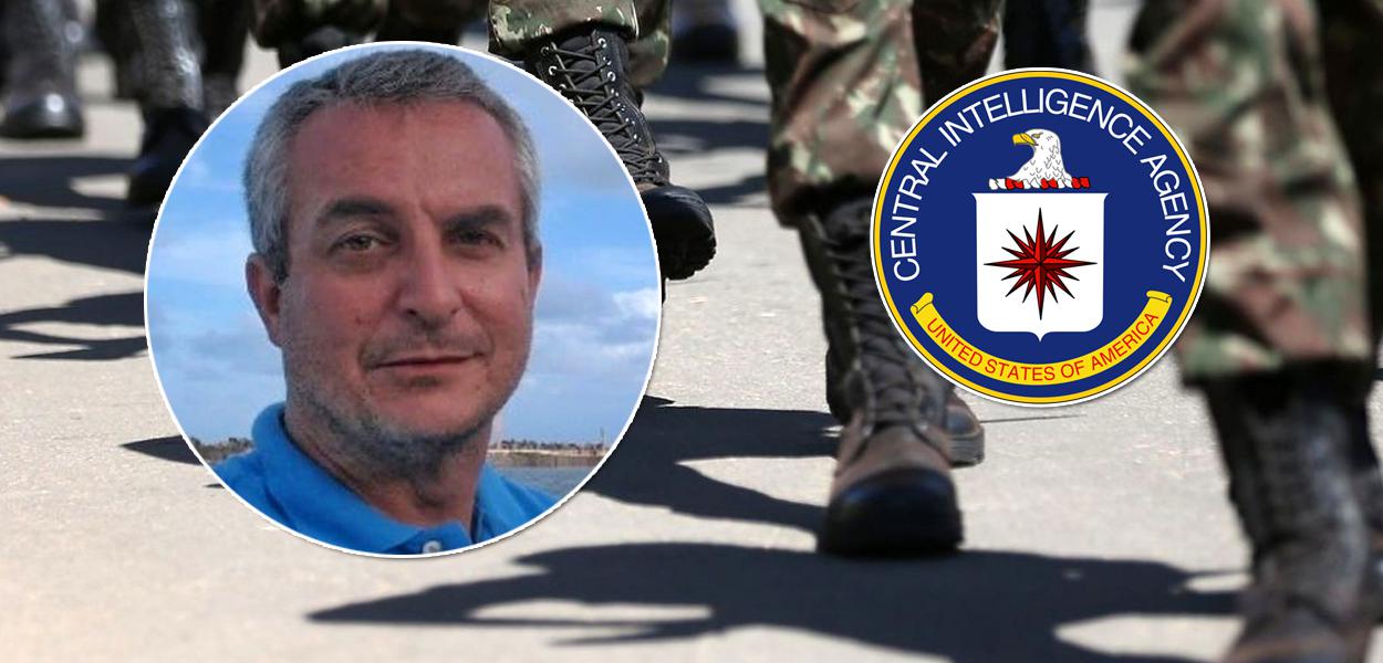 Coronel Marcelo Pimentel, militares ao fundo e o símbolo da CIA