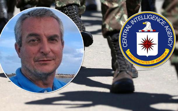 Coronel Marcelo Pimentel, militares ao fundo e o símbolo da CIA