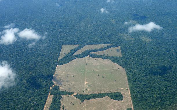 Vista aérea de área desmatada da floresta amazônica no estado de Rondônia