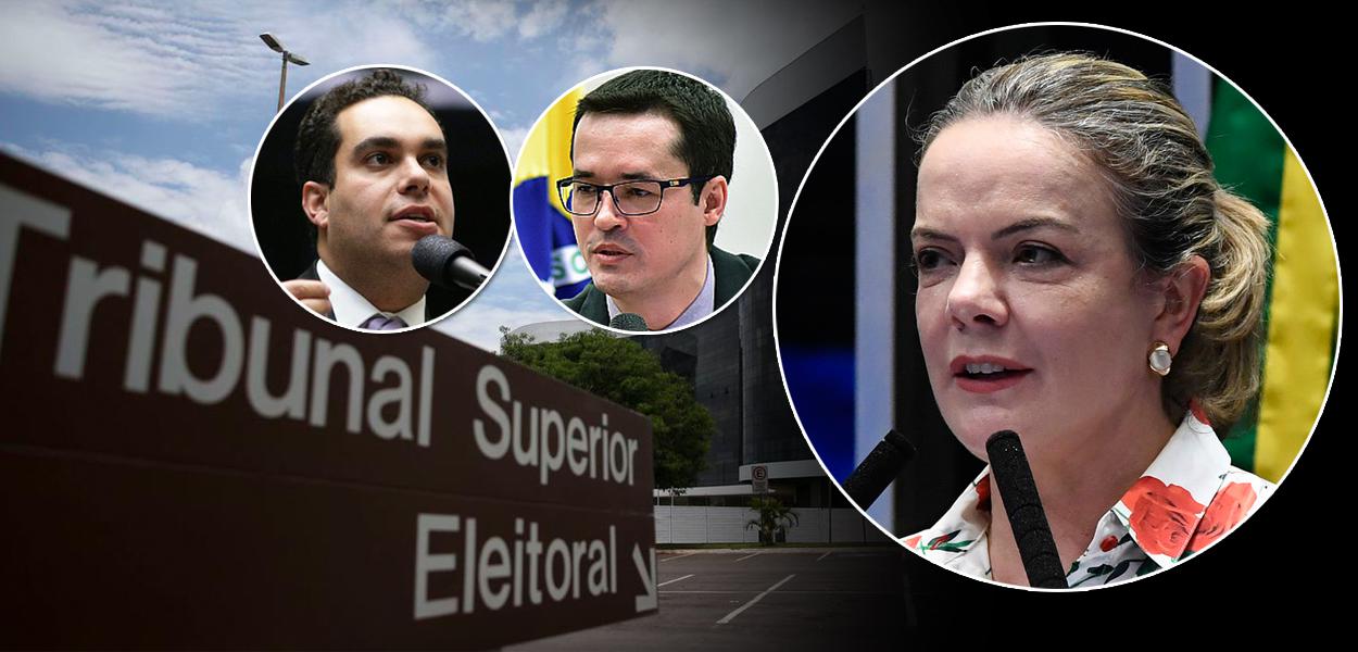 Paulo Eduardo Martins, Deltan Dallagnol e a presidente nacional do PT, Gleisi Hoffmann, mais o Tribunal Superior Eleitoral ao fundo