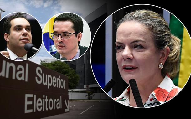 Paulo Eduardo Martins, Deltan Dallagnol e a presidente nacional do PT, Gleisi Hoffmann, mais o Tribunal Superior Eleitoral ao fundo