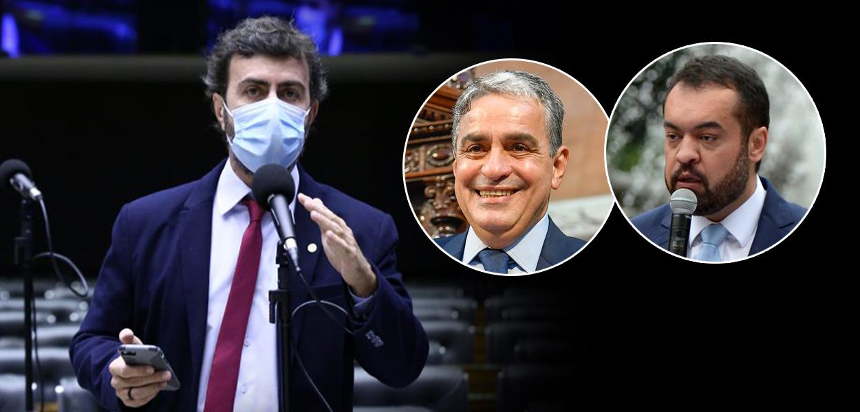 Marcelo Freixo, André Ceciliano (meio) e Cláudio Castro (à dir.)