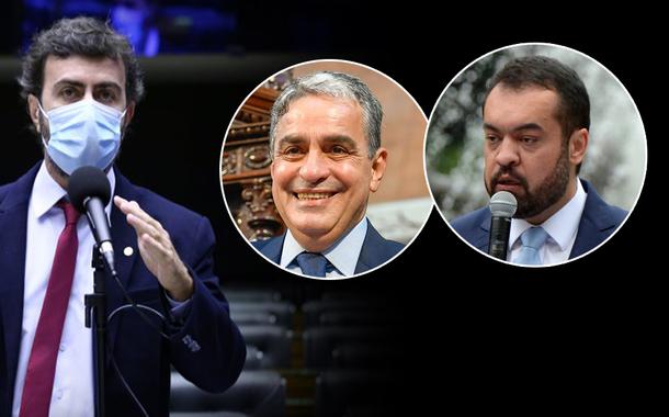 Marcelo Freixo, André Ceciliano (meio) e Cláudio Castro (à dir.)