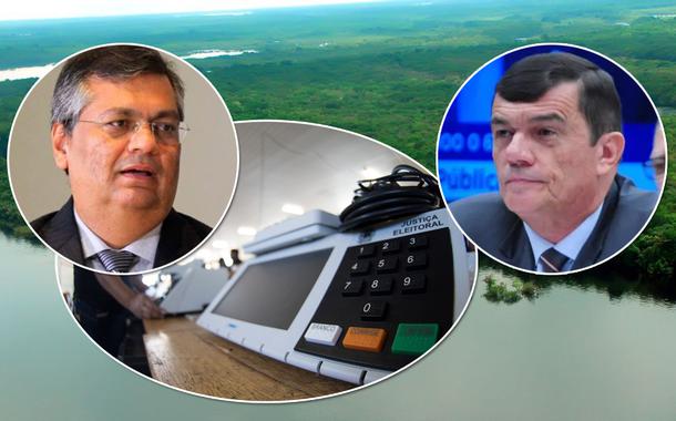 Flávio Dino e o ministro da Defesa, Paulo Sergio Nogueira mais a Amazônia e urnas ao fundo