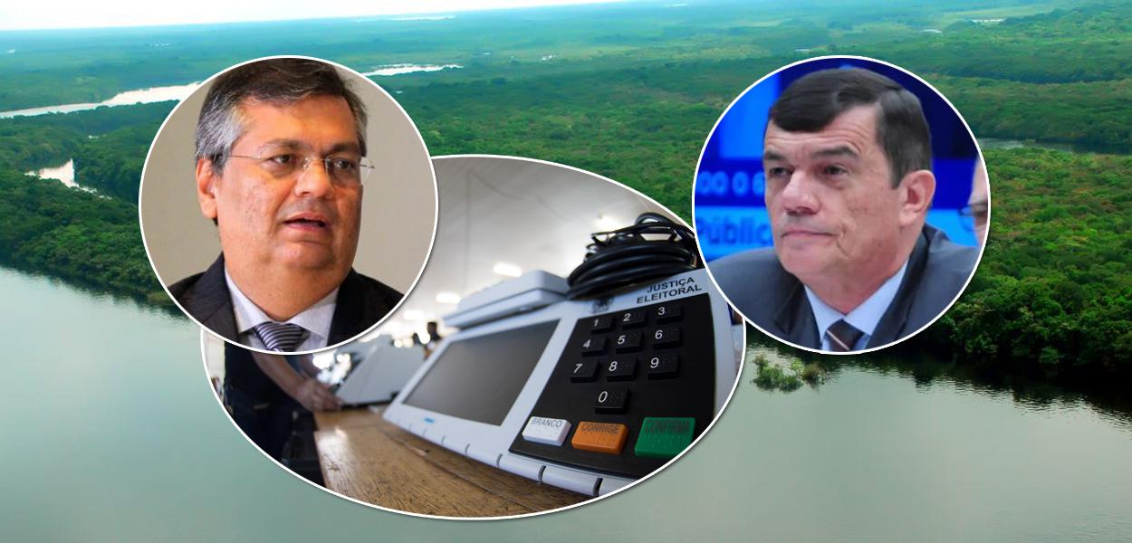 Flávio Dino e o ministro da Defesa, Paulo Sergio Nogueira mais a Amazônia e urnas ao fundo