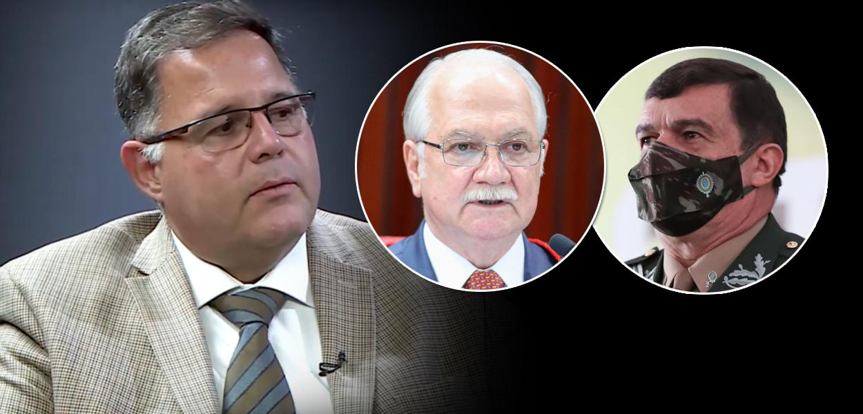 Jornalista Luis Costa Pinto, Edson Fachin (no meio) e o ministro da Defesa, Paulo Sergio Nogueira