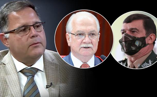 Jornalista Luis Costa Pinto, Edson Fachin (no meio) e o ministro da Defesa, Paulo Sergio Nogueira