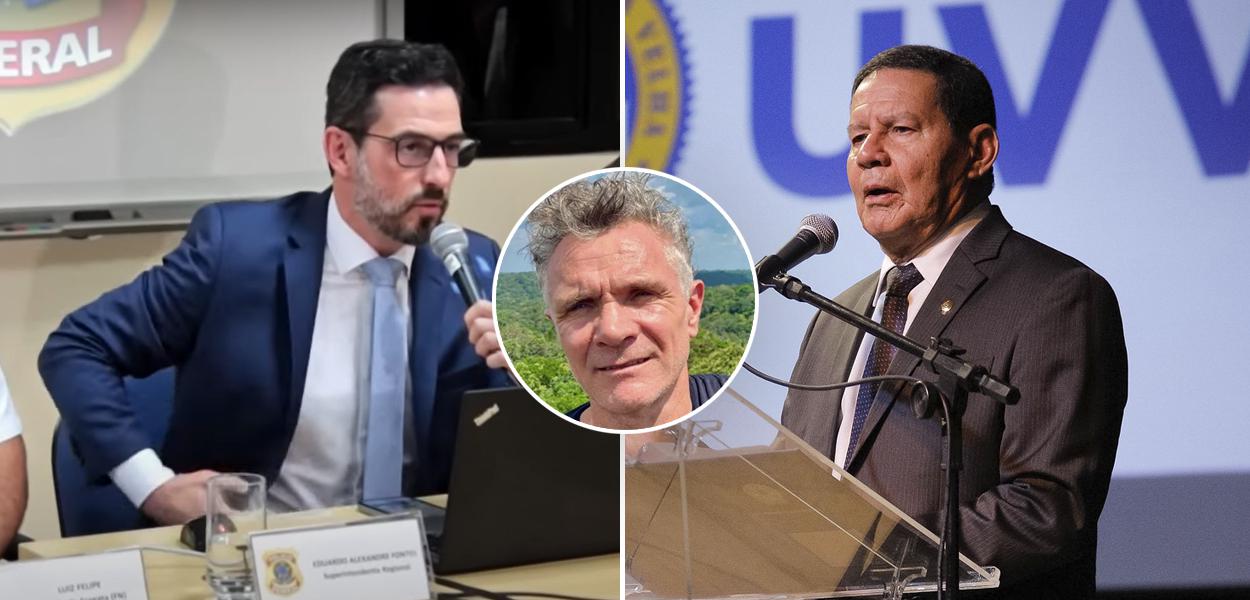 O superintendente da PF no AM, Eduardo Fontes; Dom Phillips e Hamilton Mourão