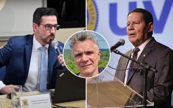 O superintendente da PF no AM, Eduardo Fontes; Dom Phillips e Hamilton Mourão