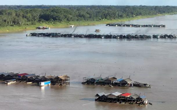 Dragas e balsas atracaram no meio do rio Madeira, no Amazonas, para exploração ilegal de ouro.