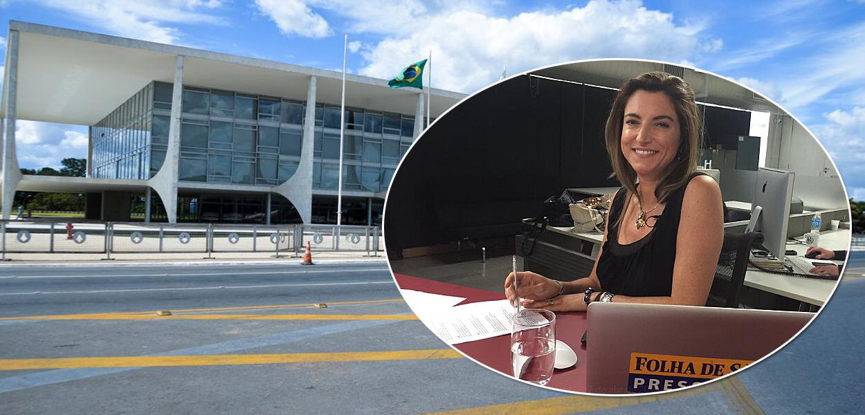 Jornalista Patrícia Campos Mello e o Palácio do Planalto ao fundo