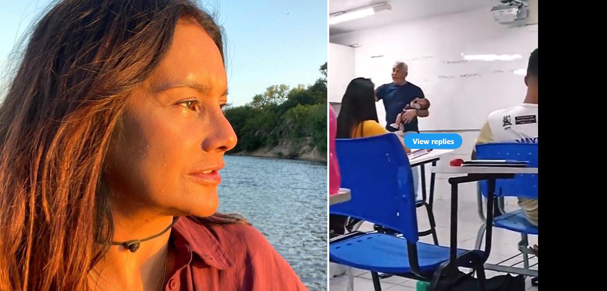 Dira Paes e seu irmão Pedro embalando bebê de aluna