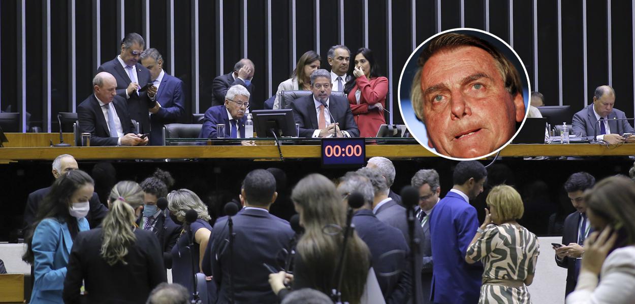 Plenário da Câmara dos Deputados e Jair Bolsonaro no detalhe