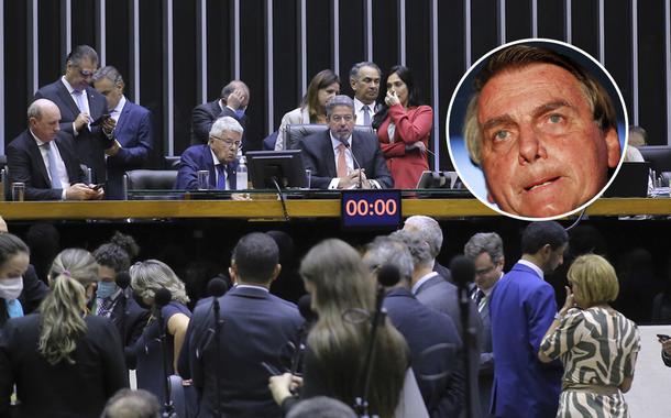 Plenário da Câmara dos Deputados e Jair Bolsonaro no detalhe